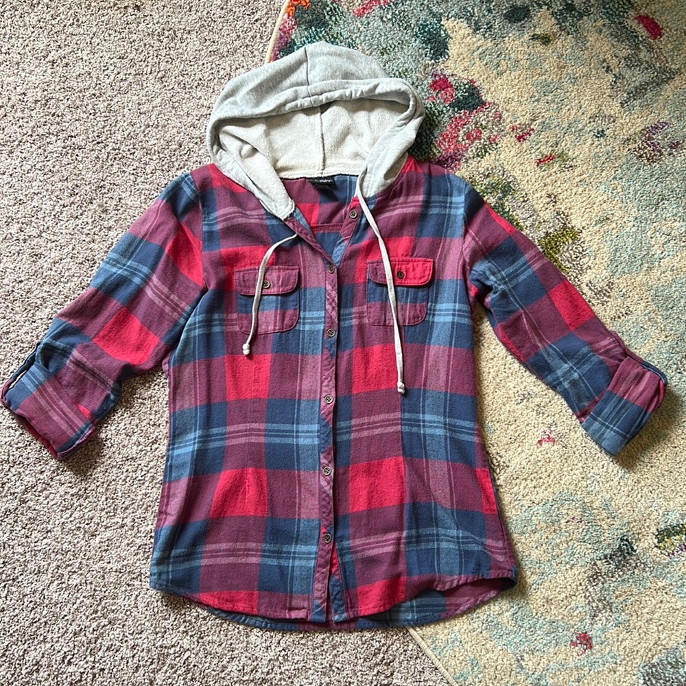 Day trip Plaid Flannel Buttonup with Hood
